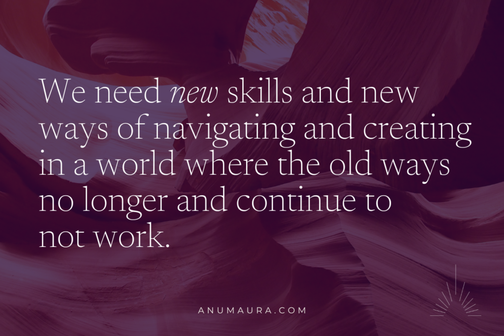 We need new skills and new ways of navigating and creating in a world where the old ways no longer and continue to not work.